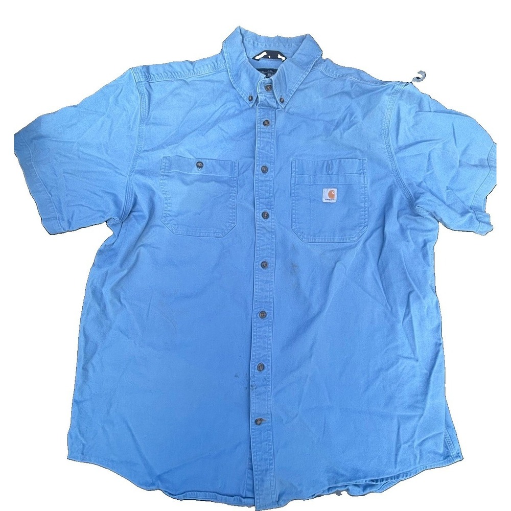 Carhartt Rugged Flex Button Down Shirt Men's 2XLT Blue Short Sleeves Relaxed Fit